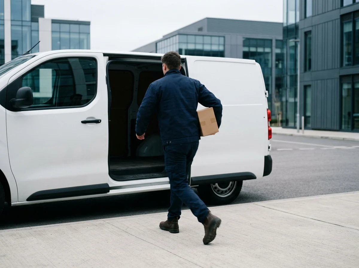 Kurier trägt ein Paket zügig zur geöffneten Seitentür eines hellen Transporters