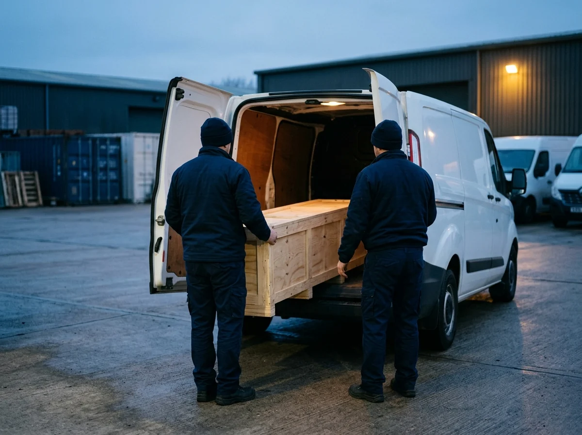 Zwei Mitarbeiter schieben eine lange Holzkiste in den Laderaum eines weißen Transporters